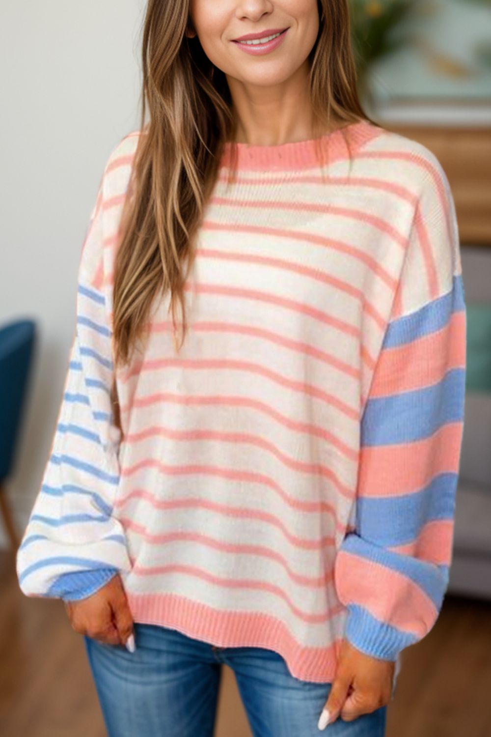 Contrast Striped Round Neck Long Sleeve Sweater - Charming Charlie