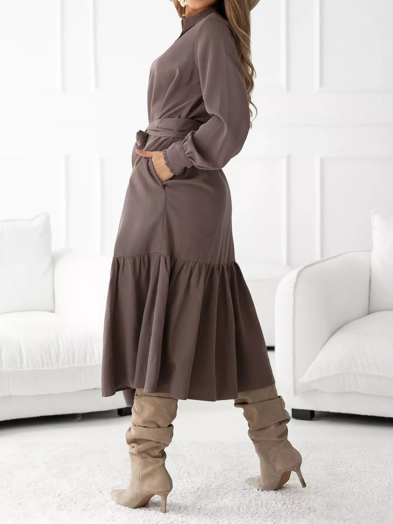 Long Sleeve Tie Waist Ruffle Hem Midi Dress Coffee Brown / L