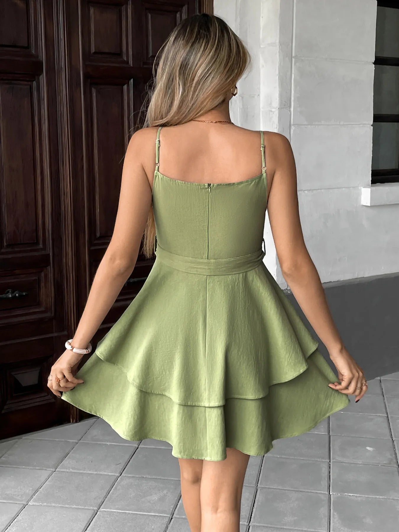 Ruffle Layered Cami Mini Dress with Bow Belt Green / S Ruffle Layered Cami Mini Dress with Bow Belt Green / S
