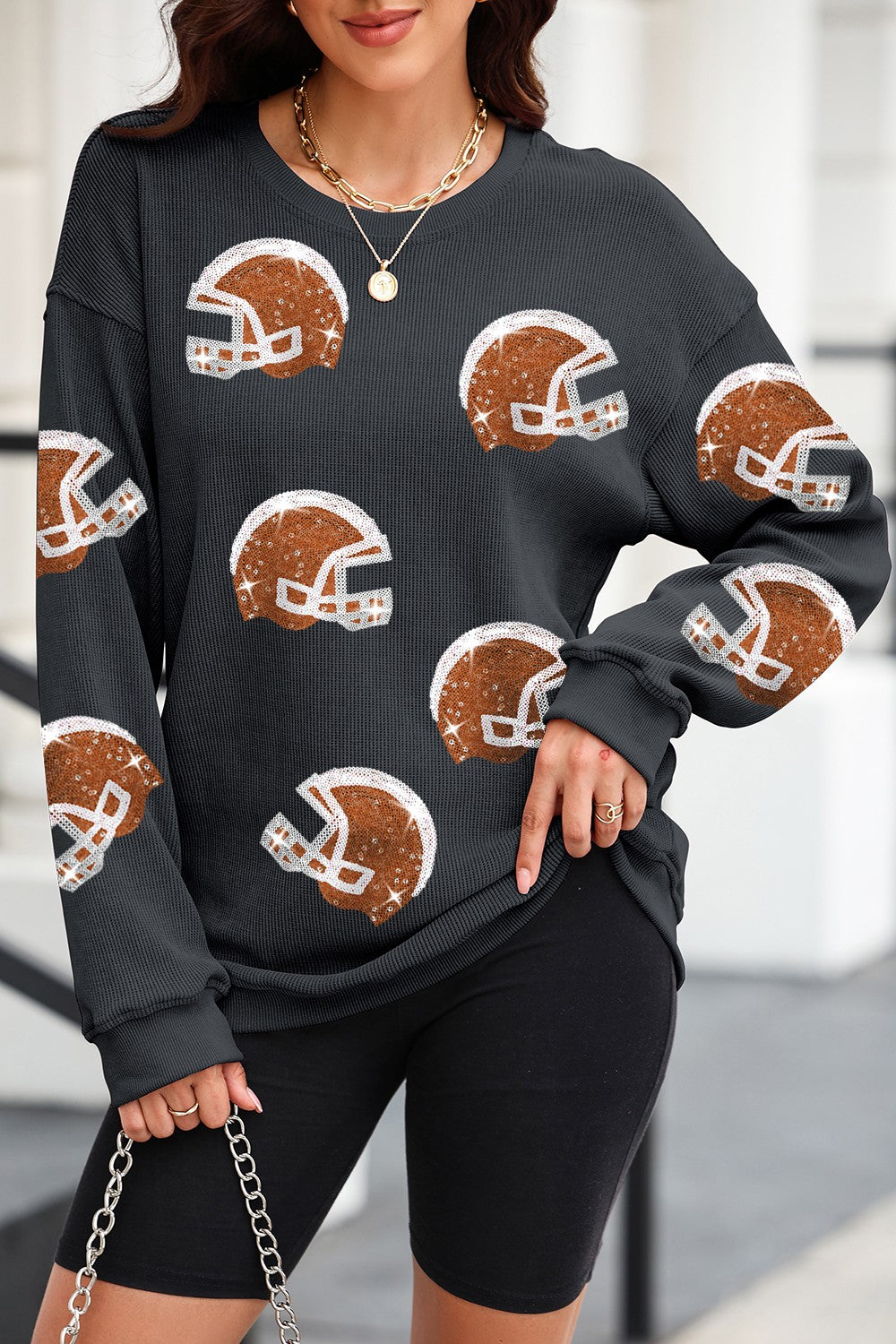 Sequin Helmet Round Neck Long Sleeve Sweatshirt - Charming Charlie