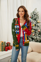 Nutcracker Contrast V-Neck Long Sleeve Cardigan - Charming Charlie