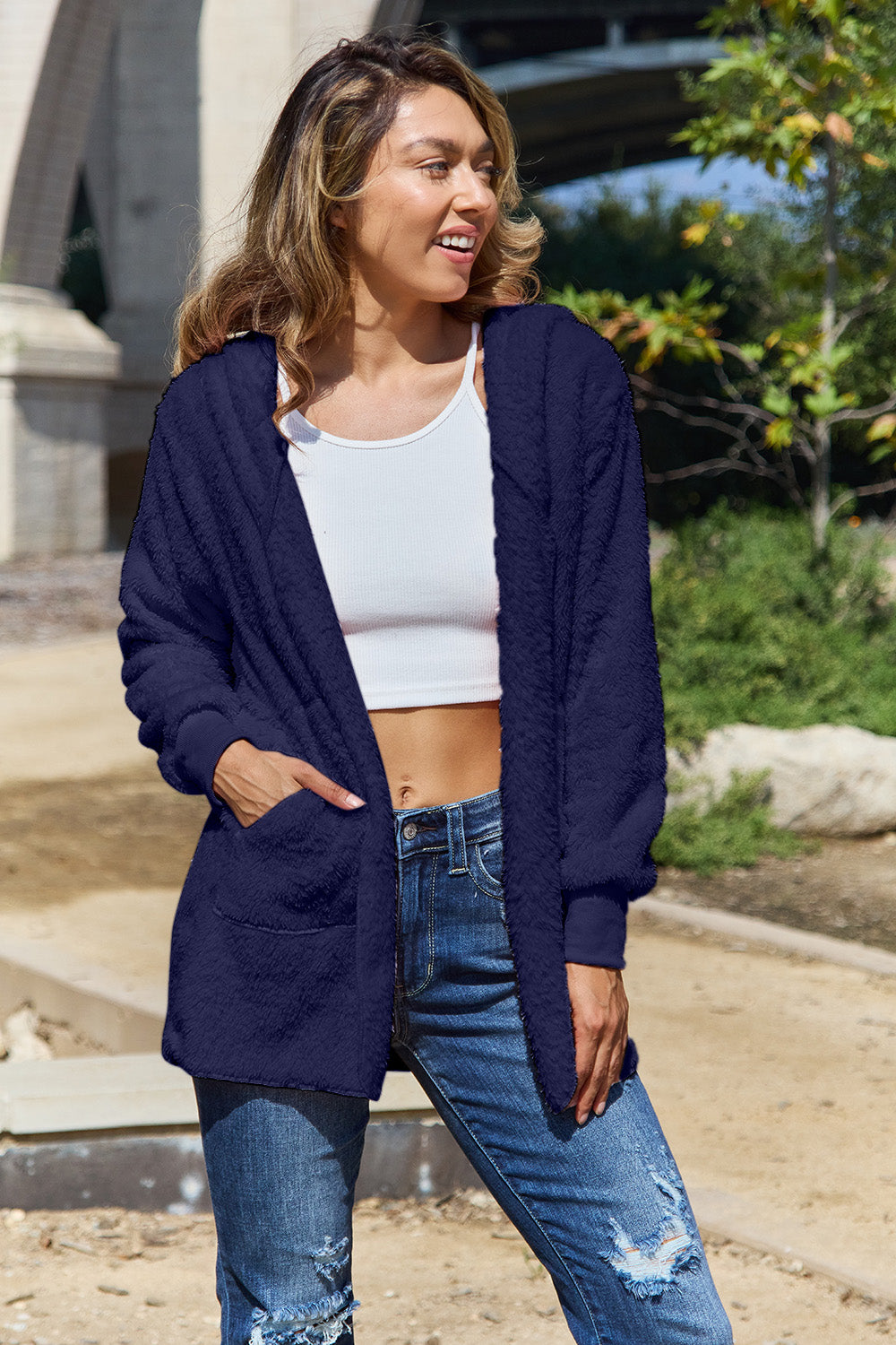 Full Size Teddy Hooded Jacket with Pockets - Charming Charlie