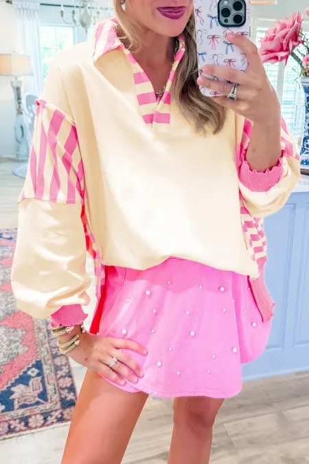 Striped Johnny Collar Long Sleeve Sweatshirt - Charming Charlie