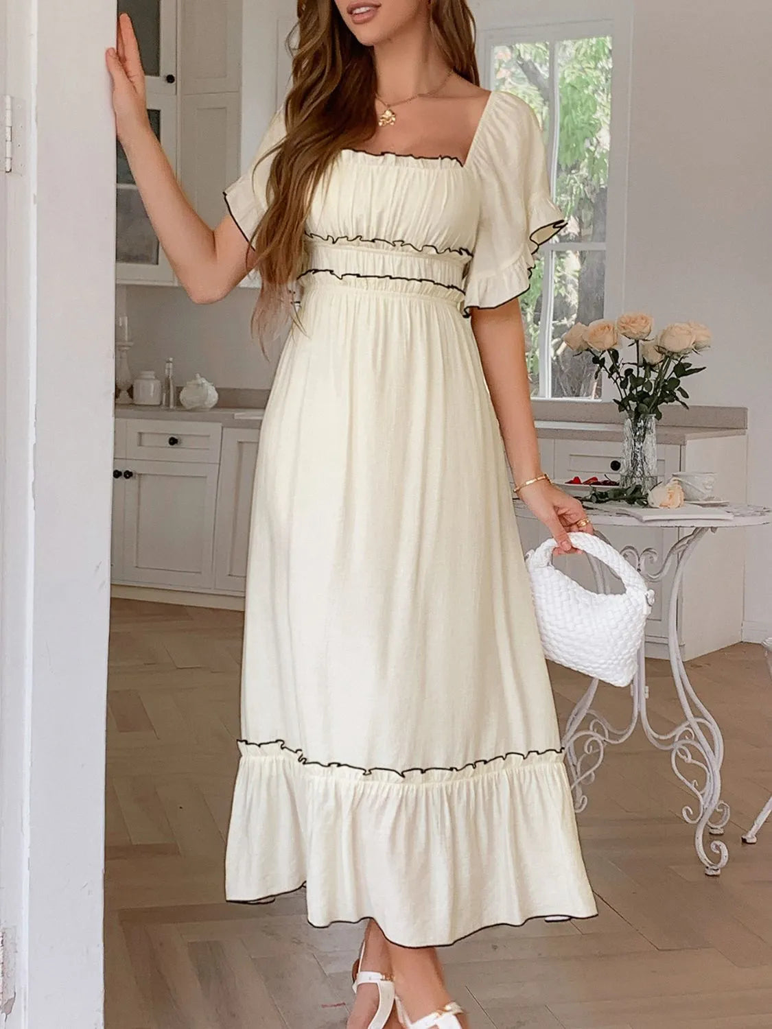 ruffle trim maxi dress Square Neck Puff Sleeve Apricot / XL Color:Black Glow Style:SR0741J01 and flattering true Pink Alonna Lace Slip