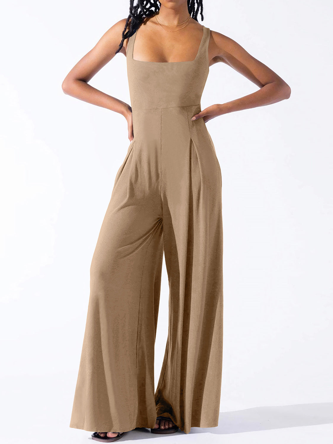 Square Neck Wide Strap Jumpsuit - Charming Charlie
