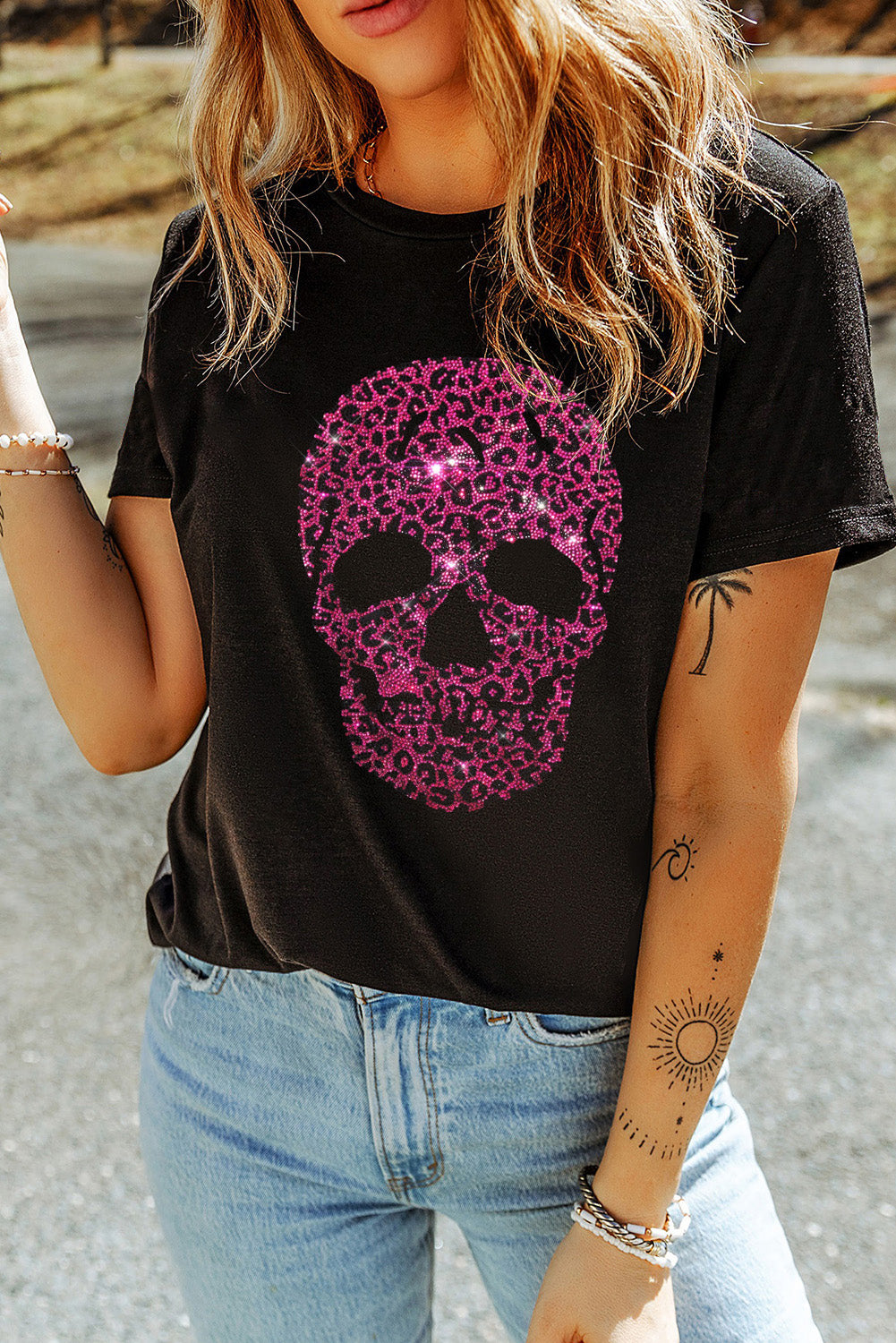 Rhinestone Round Neck Short Sleeve T-Shirt - Charming Charlie