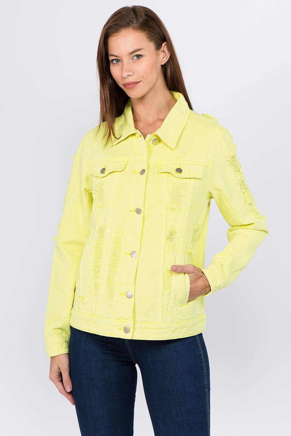 American Bazi Distressed Back Button Down Denim Jacket - Charming Charlie