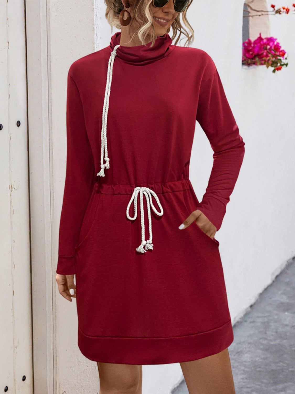 Drawstring Turtleneck Long Sleeve Mini Dress - Charming Charlie