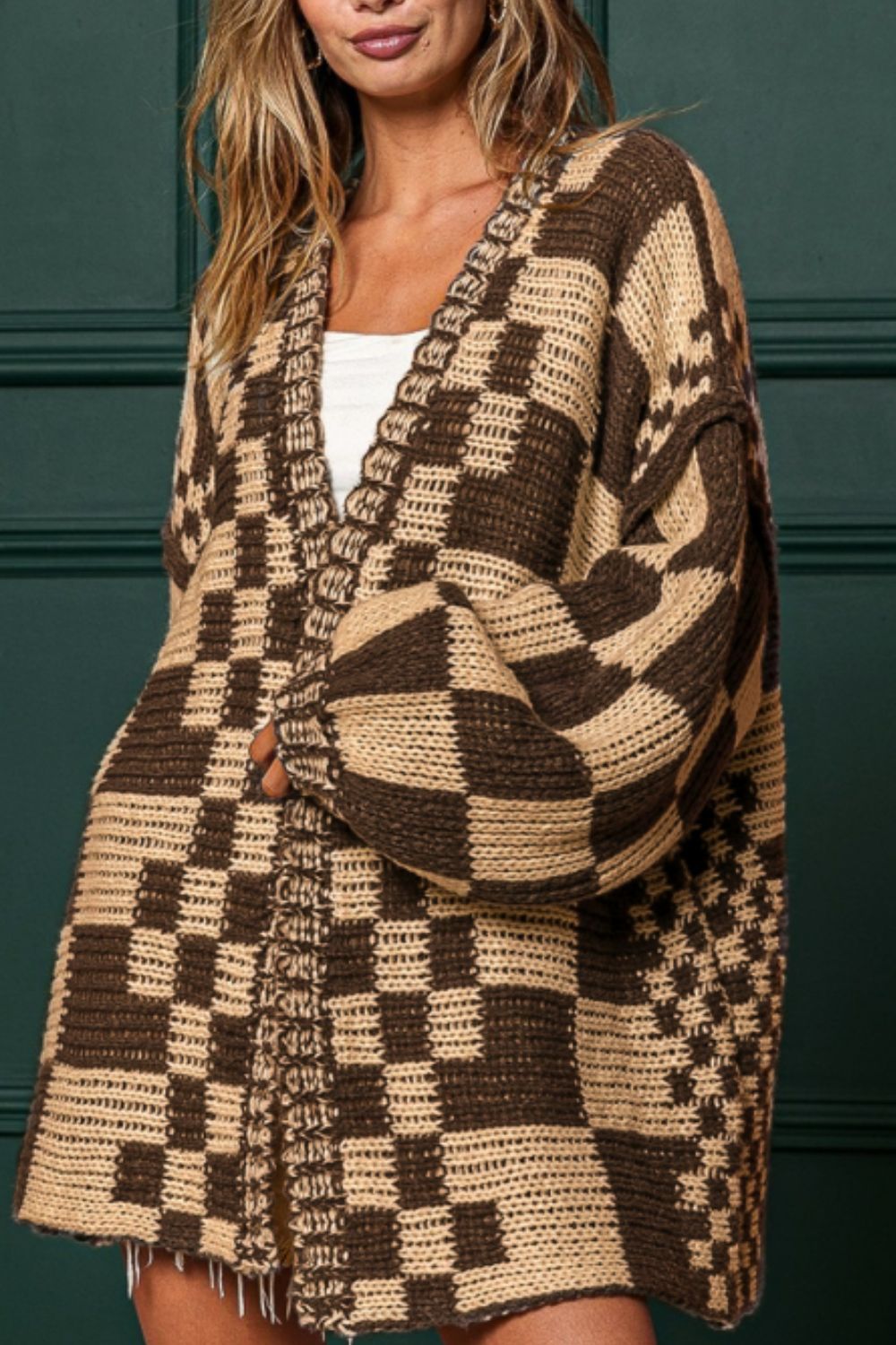 Checkered Open Front Long Sleeve Cardigan – Charming Charlie