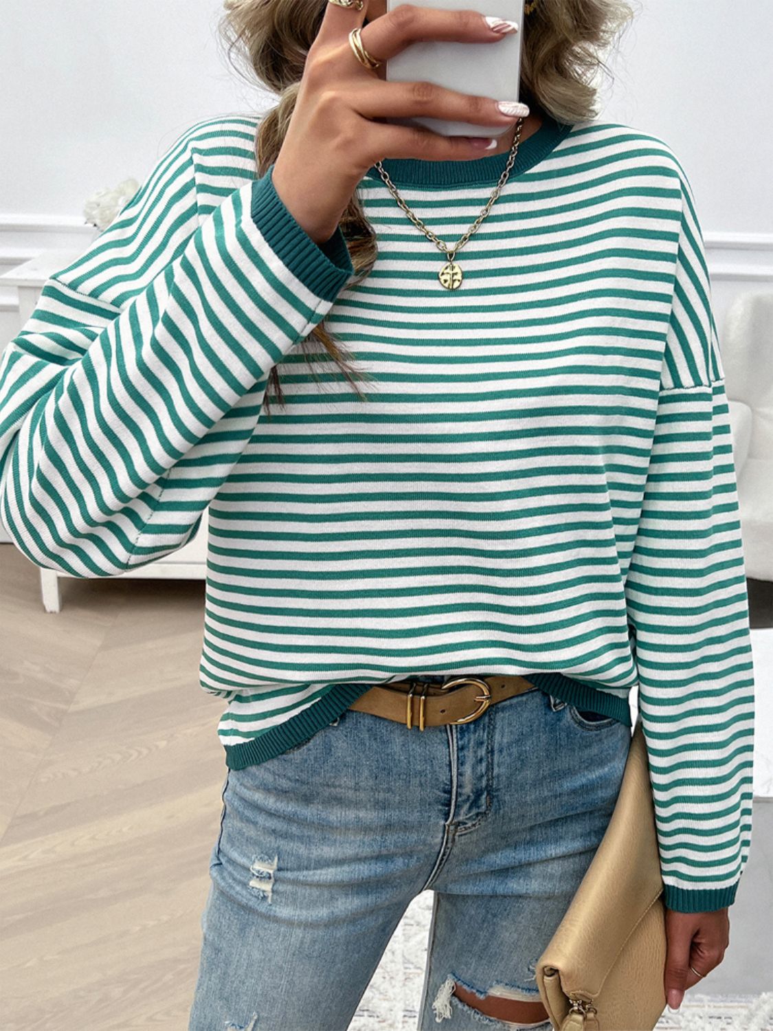 Striped Round Neck Dropped Shoulder Sweater - Charming Charlie