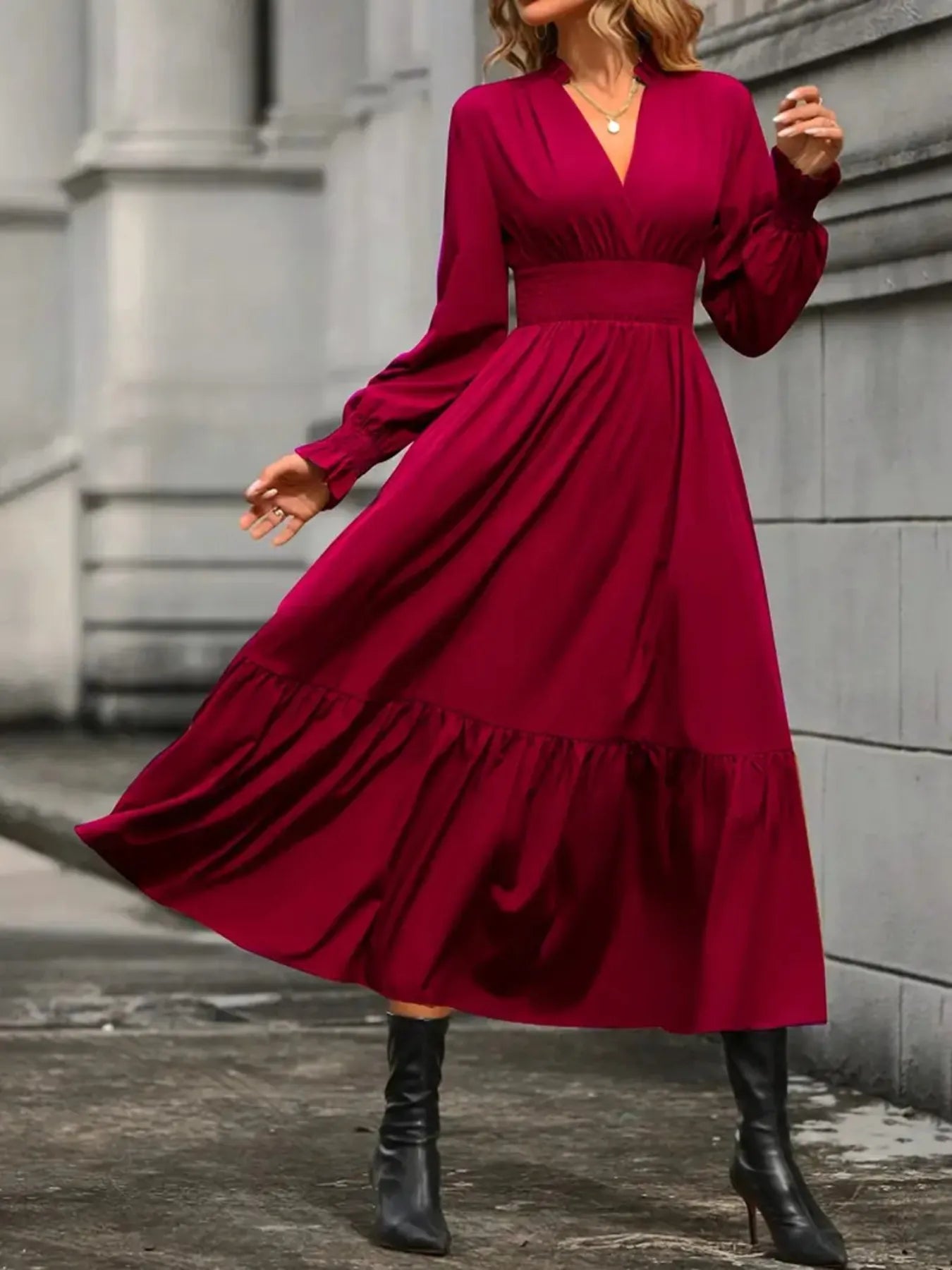 Tiered Notched Short Sleeve Dress with Pockets main image 1
