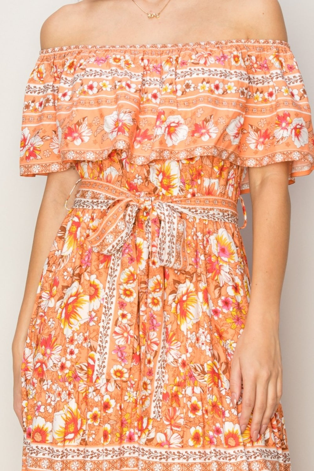HYFVE Floral Off-Shoulder Tie Front Maxi Dress Charming Charlie HYFVE Floral Off-Shoulder Tie Front Maxi Dress Charming Charlie