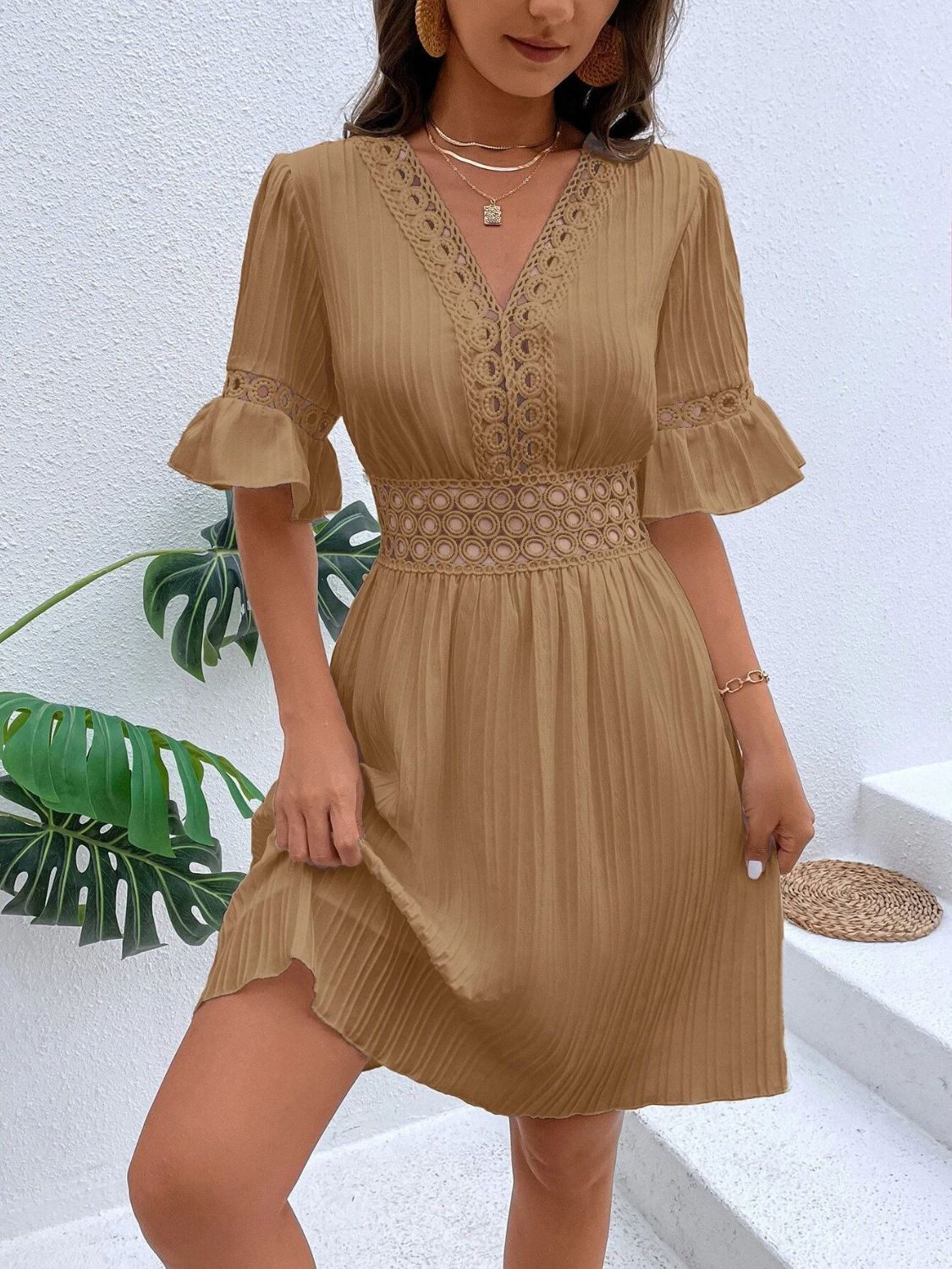 Cutout V-Neck Flounce Sleeve Mini Dress - Charming Charlie