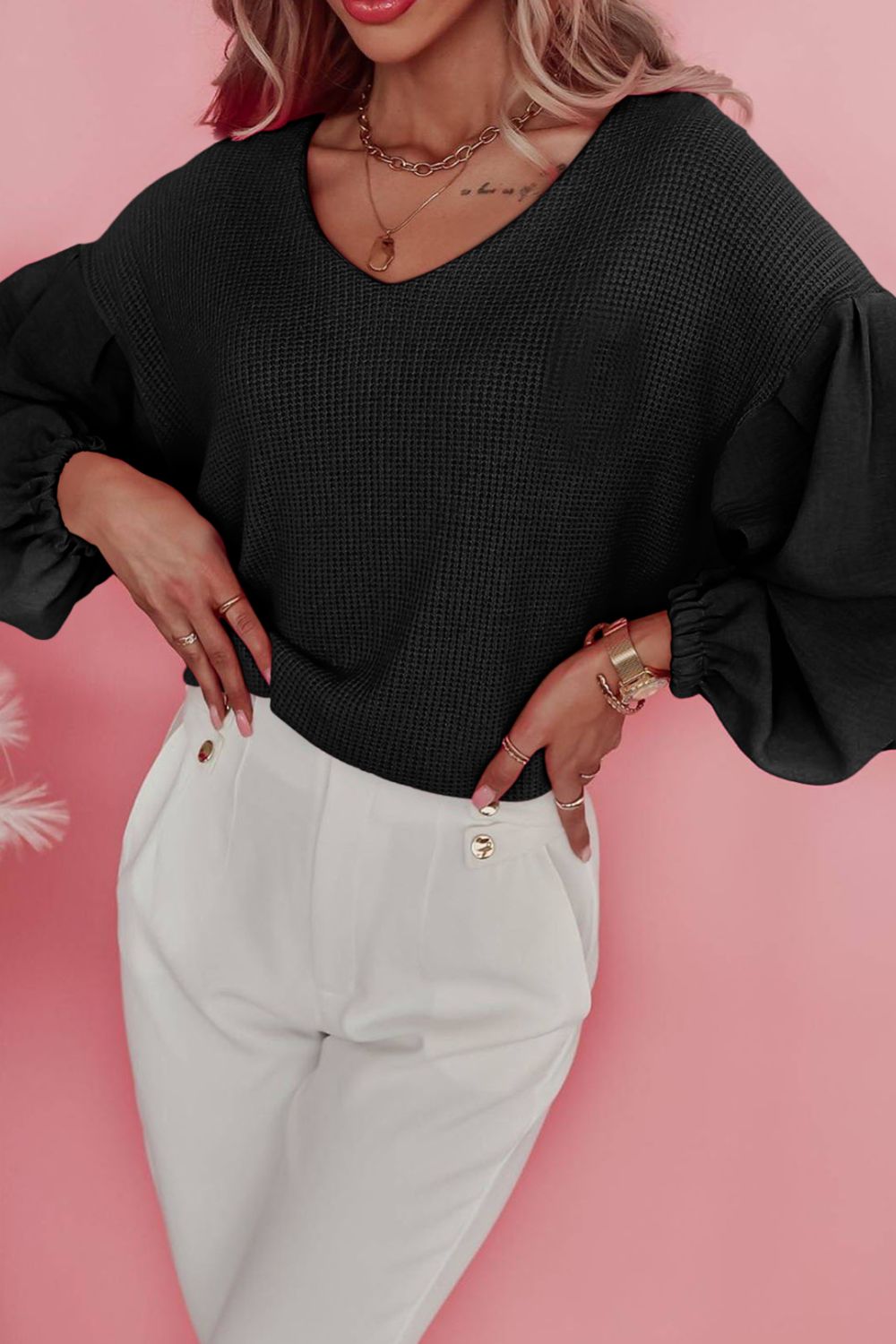 Waffle-Knit V-Neck Long Sleeve Blouse - Charming Charlie