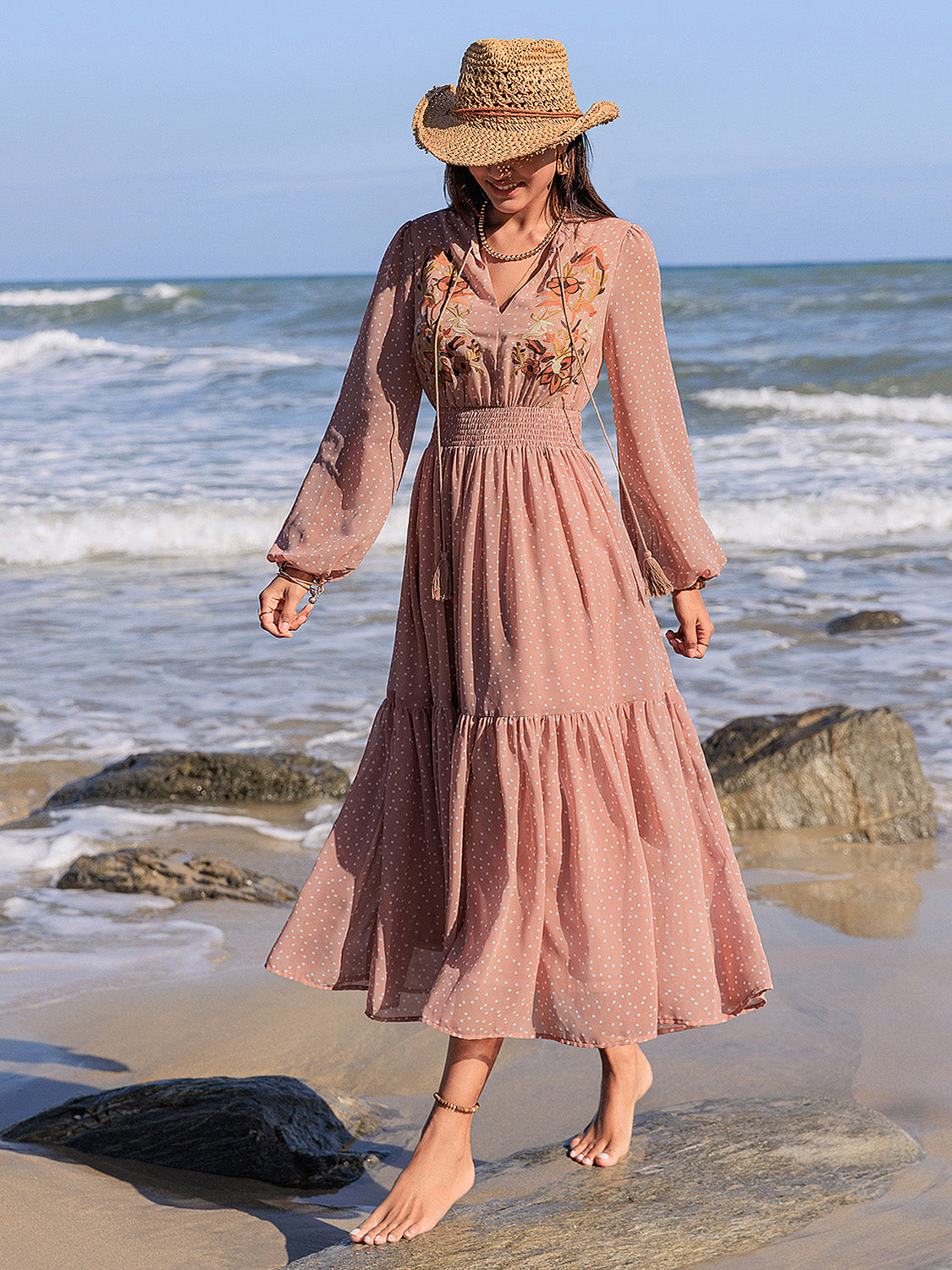 Wholesale MOQ6 Embroidered Polka Dot Tie Neck Long Sleeve Midi Dress Wholesale MOQ6 Embroidered Polka Dot Tie Neck Long Sleeve Midi Dress