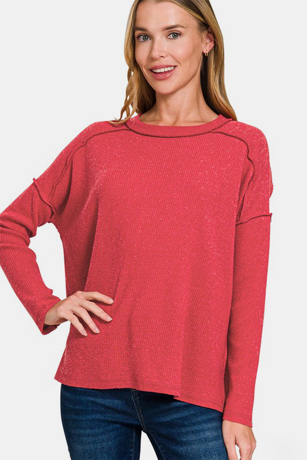 Zenana Full Size Exposed Seam Brushed Round Neck Sweater - Charming Charlie