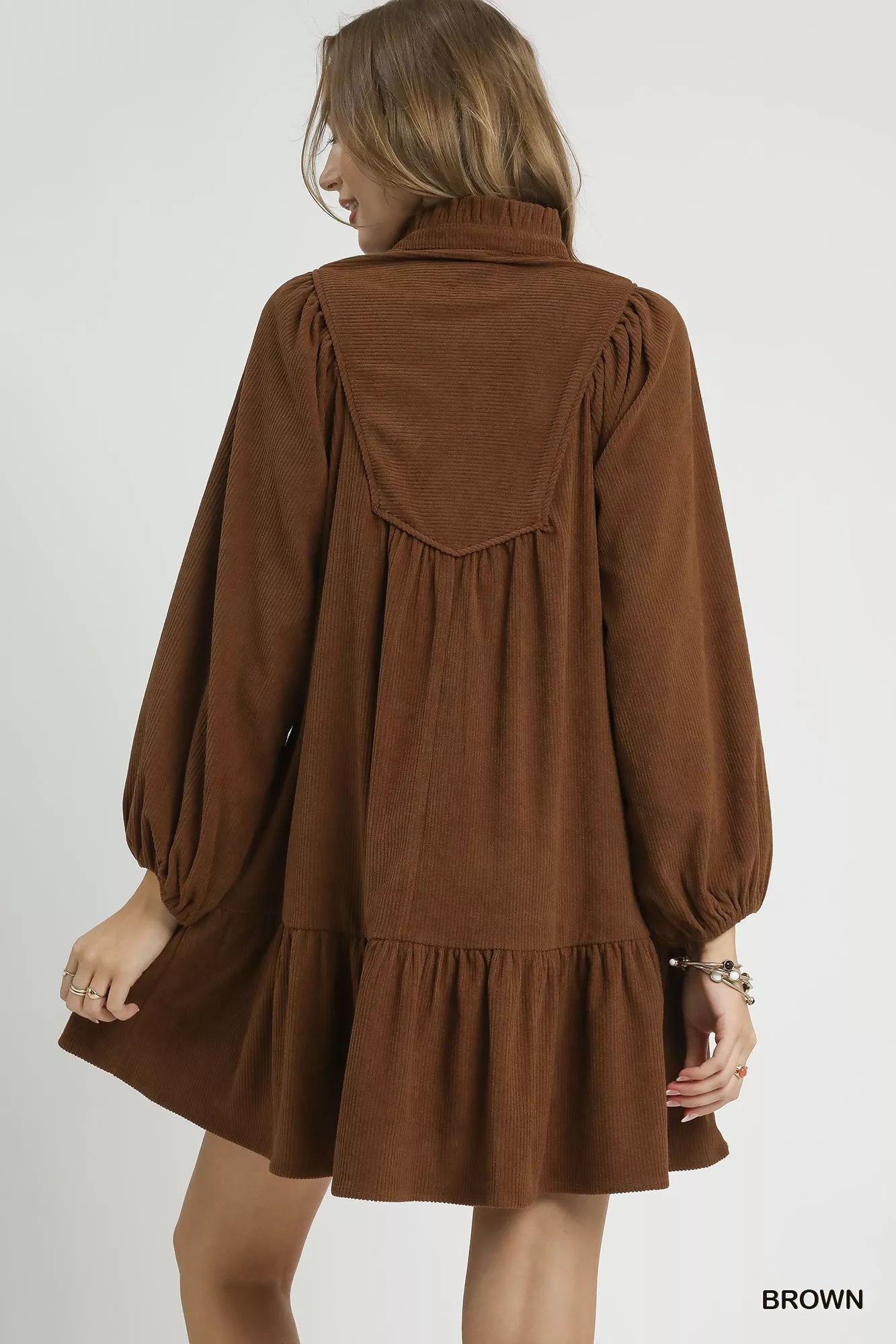 Umgee Corduroy Tiered Babydoll Dress Brown / M Umgee Corduroy Tiered Babydoll Dress Brown / M