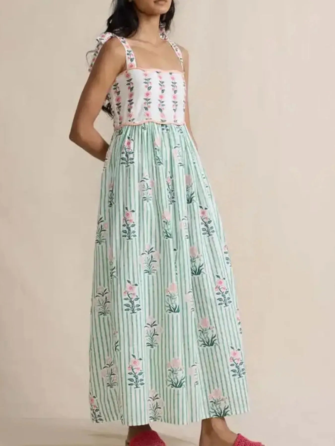 Floral Striped Maxi Cami Dress with Tie Straps – Charming Charlie
