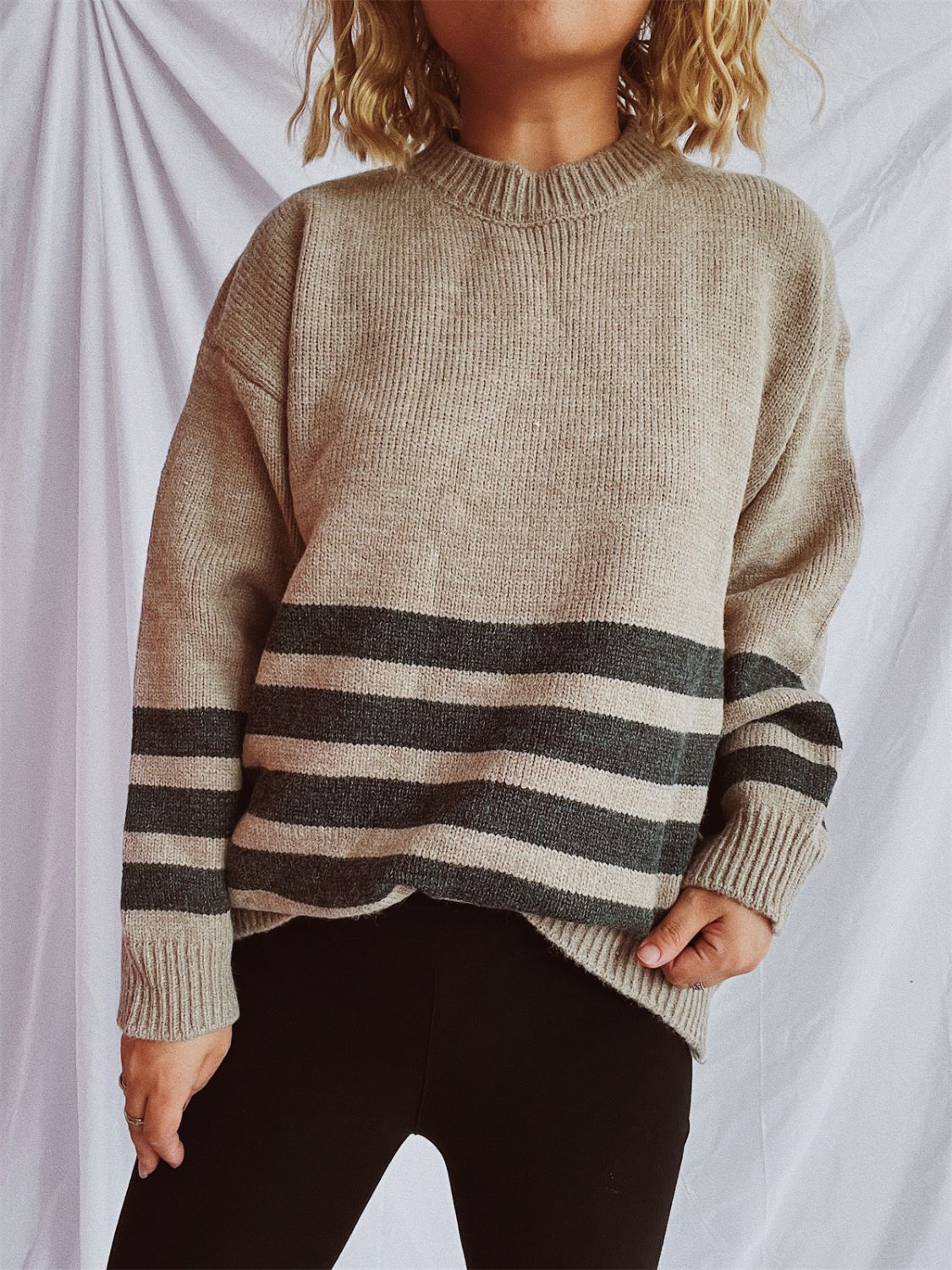 Striped Dropped Shoulder Long Sleeve Sweater - Charming Charlie