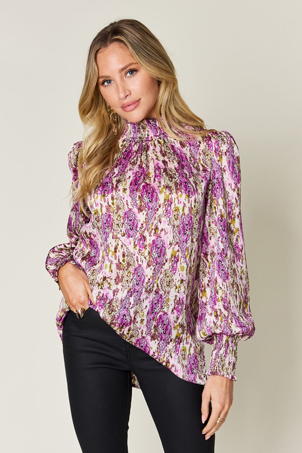 Double Take Full Size Printed Smocked Long Sleeve Blouse - Charming Charlie