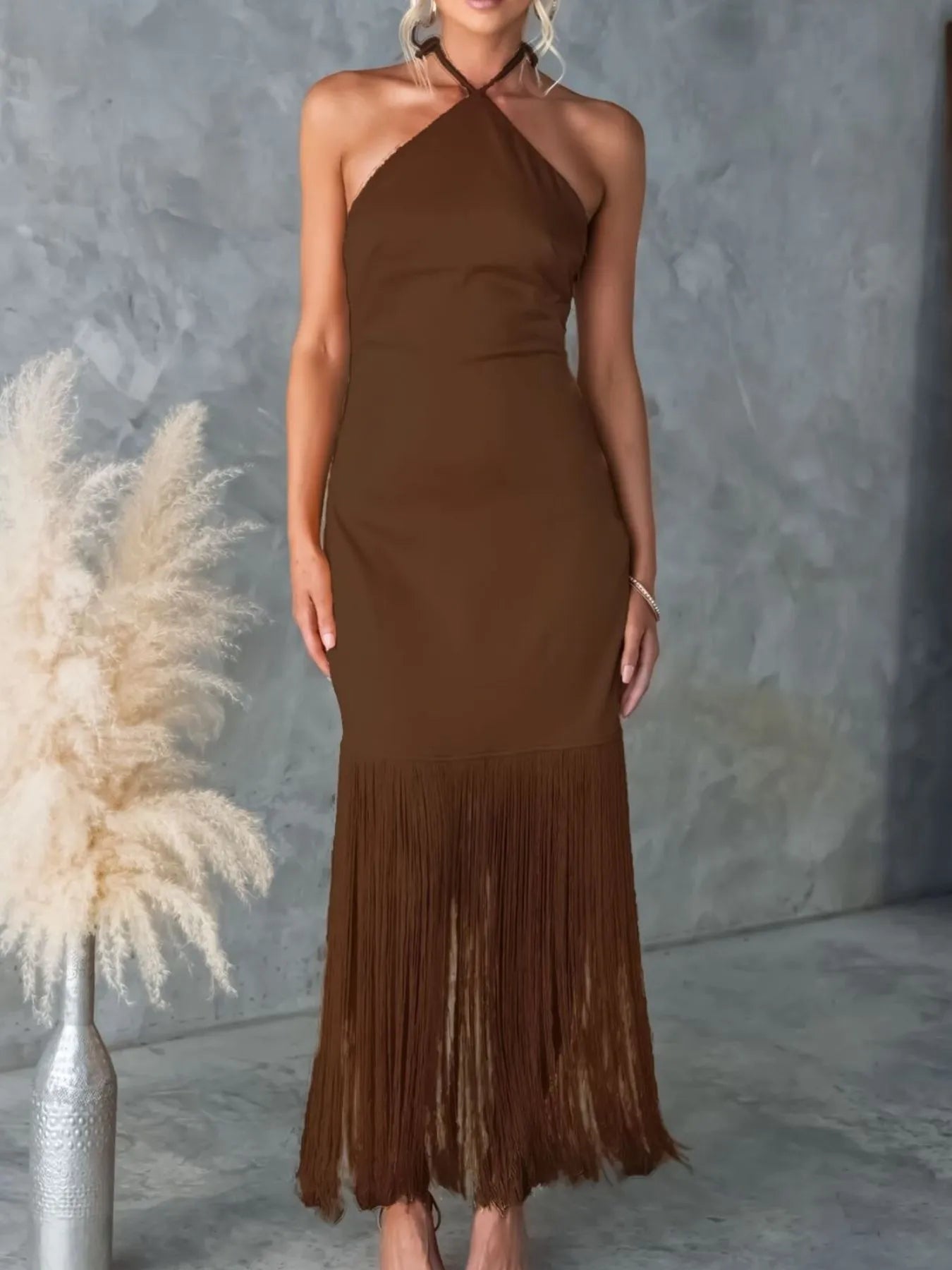 Fringe Halter Neck Dress - Yellow / L Fringe Halter Neck Dress - Yellow / L