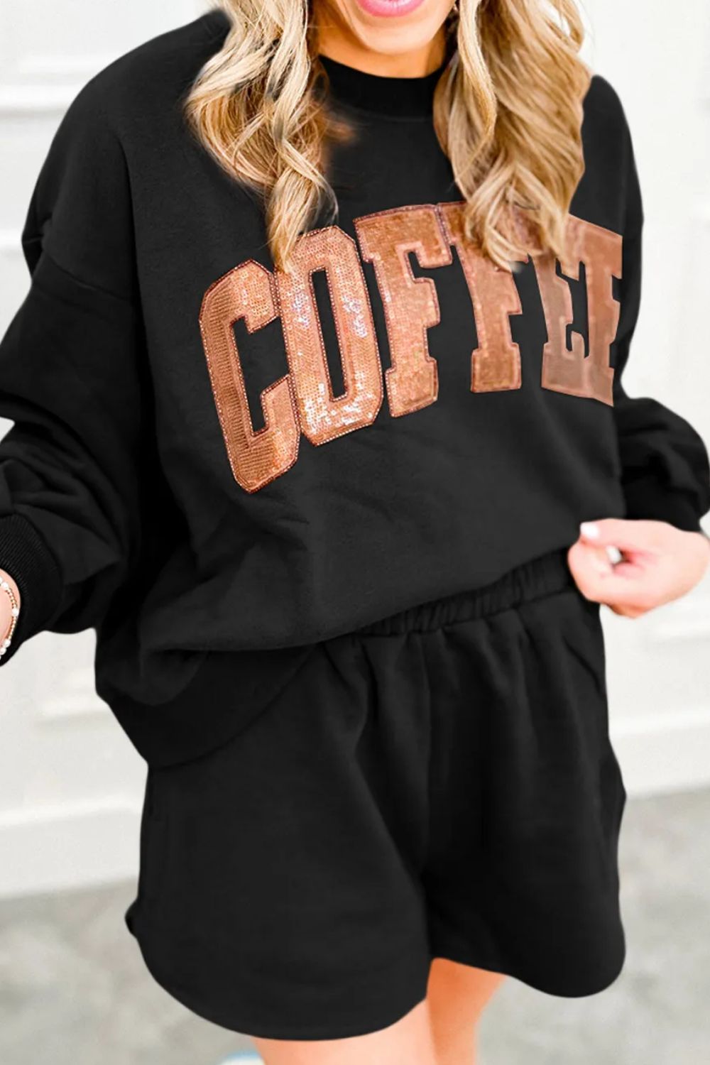 COFFEE Sequin Round Neck Long Sleeve Top and Shorts Set - Charming Charlie