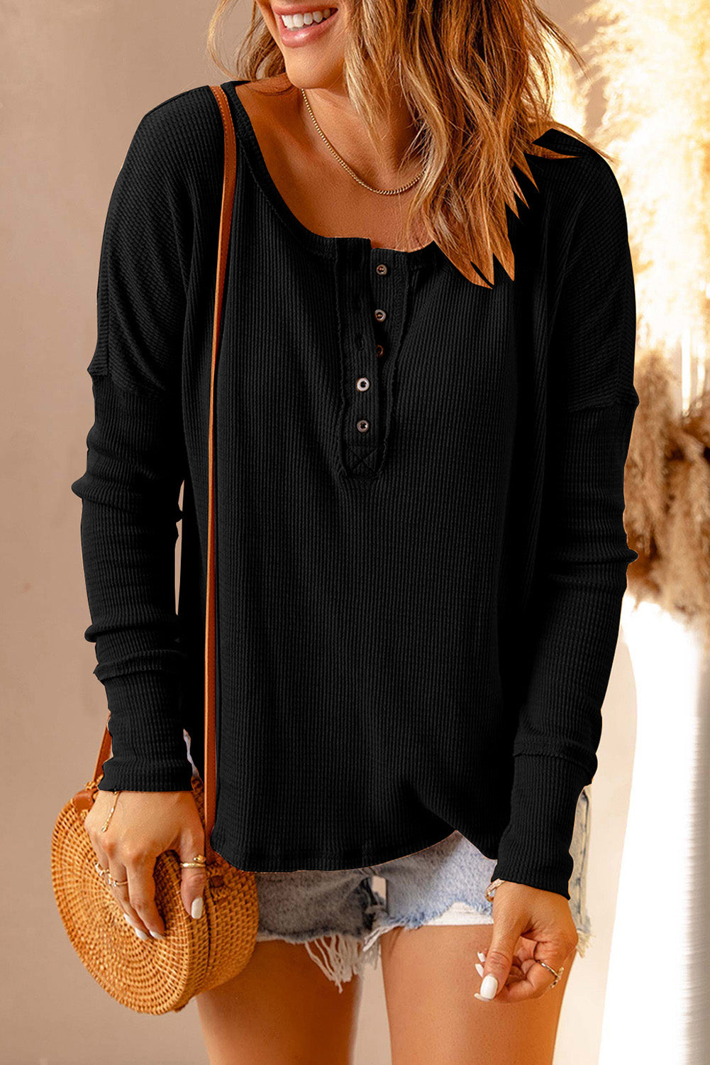 Double Take Full Size Half Button Drop Shoulder T-Shirt - Charming Charlie