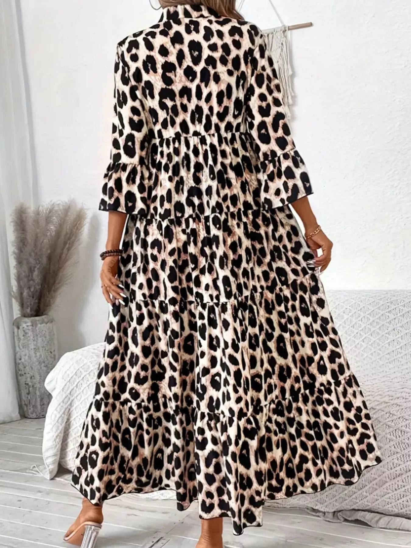 leopard shirt dress midi Leopard 3/4 Sleeve Midi Dress Tan / S