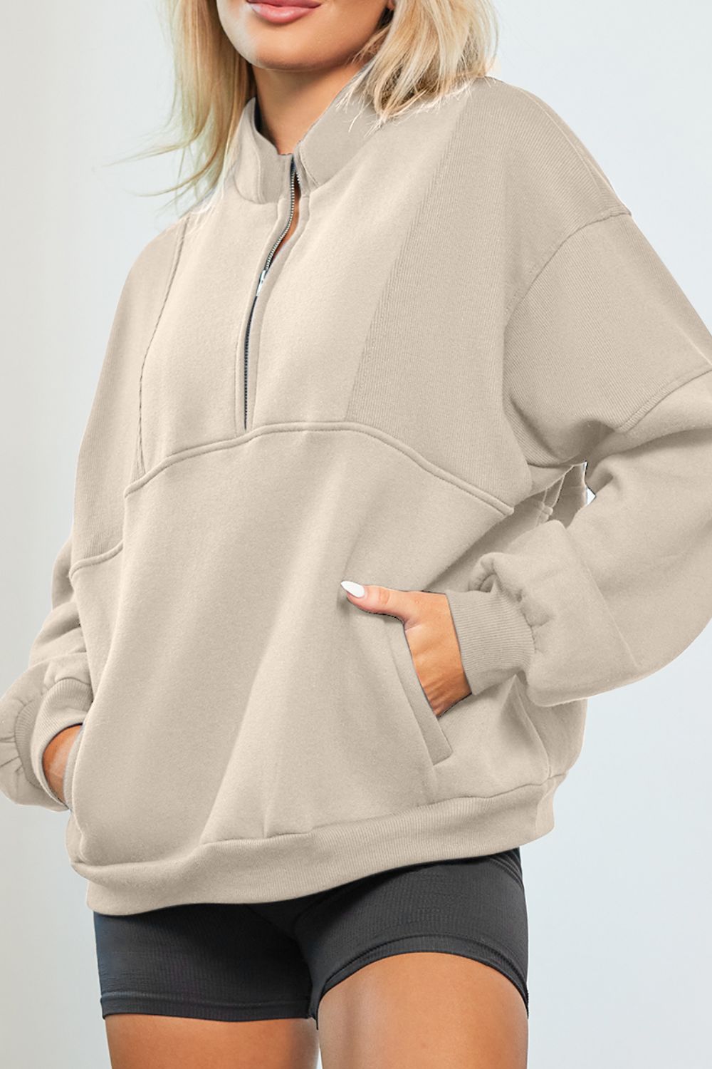 Half Zip Drop Shoulder Long Sleeve Sweatshirt - Charming Charlie