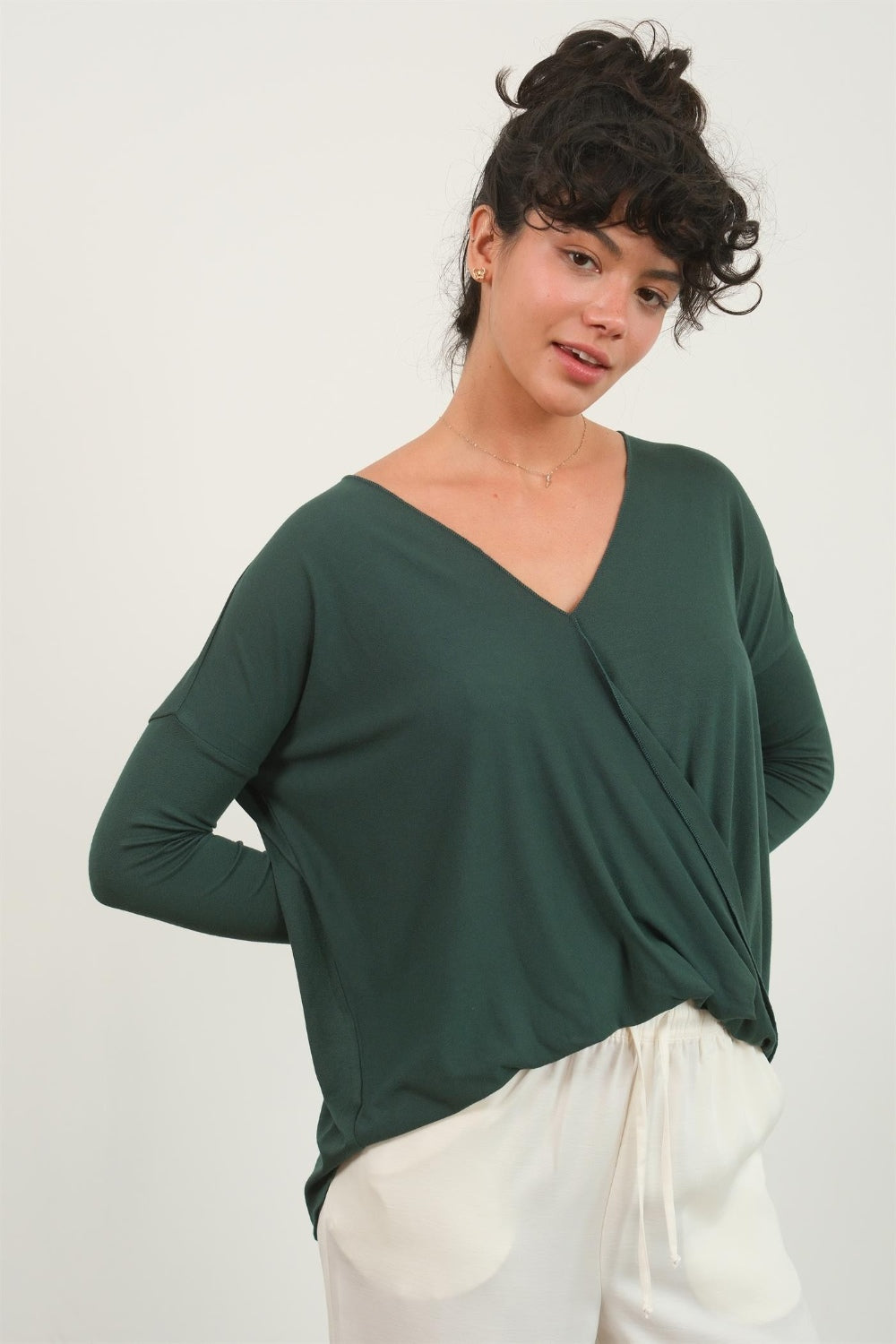 HYFVE Draped Drop Shoulder Long Sleeve Top - Charming Charlie