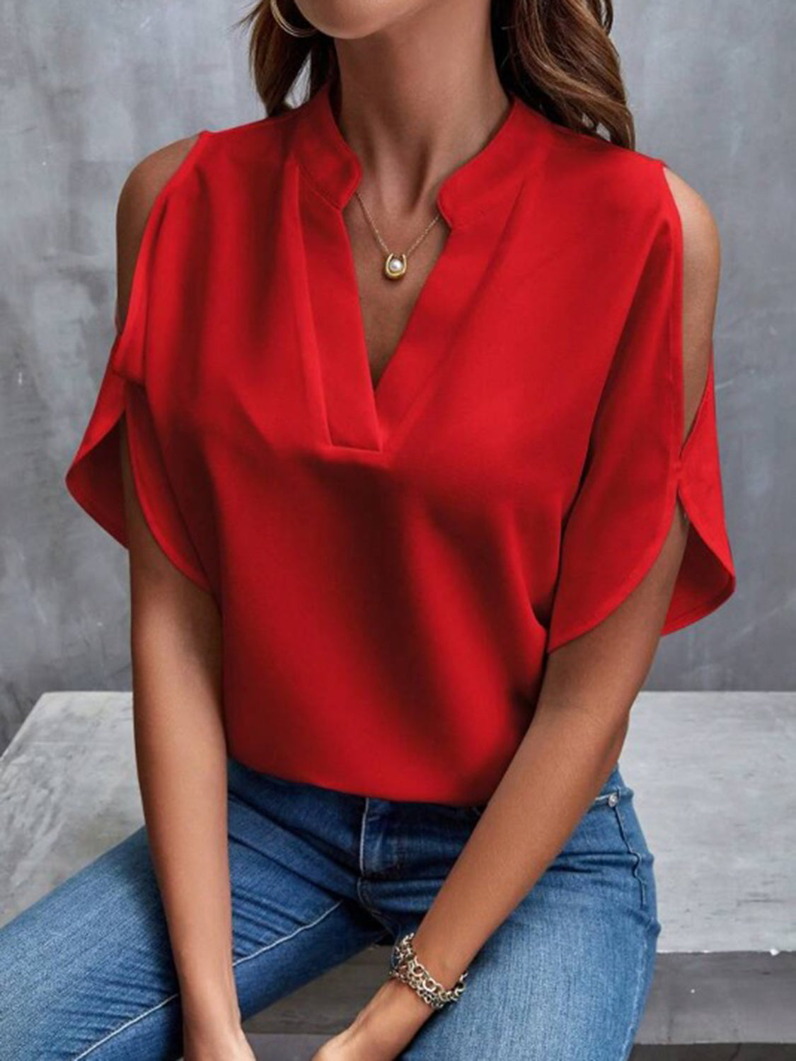 Notched Cold Shoulder Half Sleeve Blouse - Charming Charlie