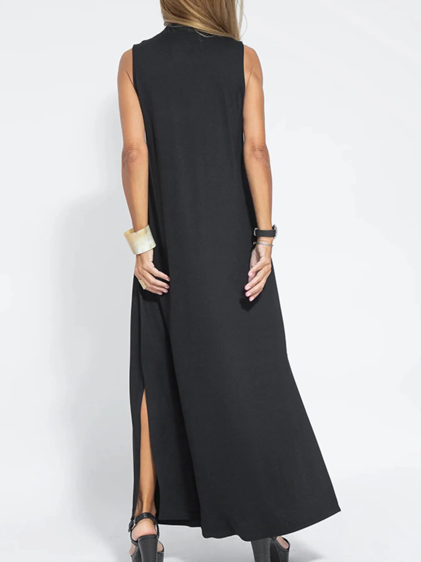 Slit Printed V-Neck Cap Sleeve Maxi Dress
