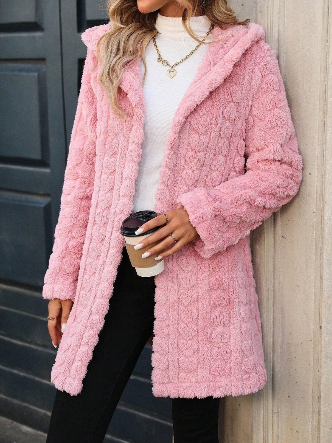 Heart Open Front Hooded Fuzzy Coat - Charming Charlie