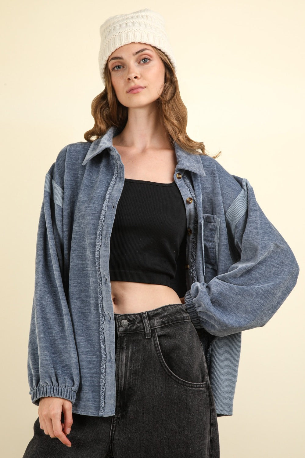 VERY J Mixed Media Button Down Raw Hem Shacket - Charming Charlie