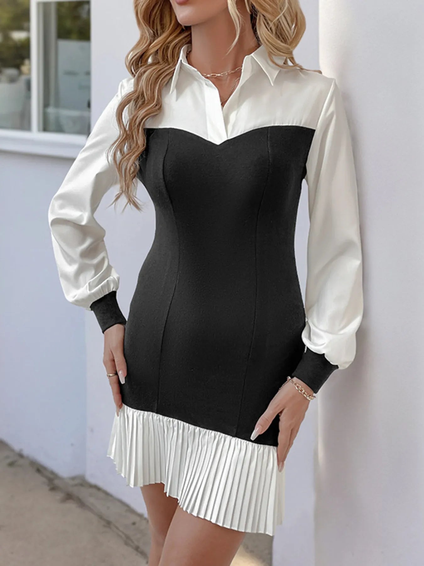 Two Tone Pleated Long Sleeve Shirt Dress – Charming Charlie