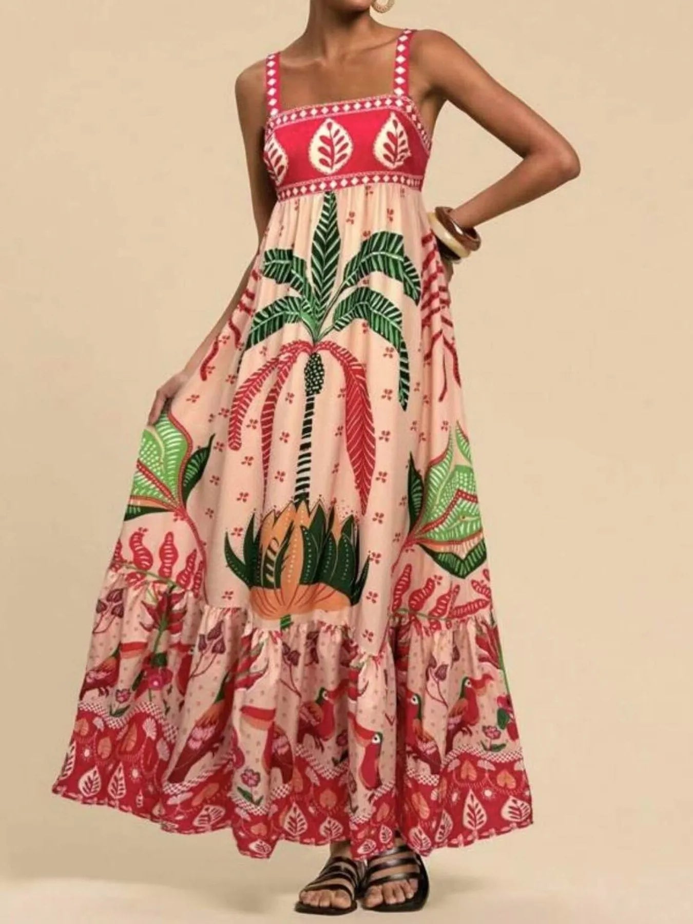 maxi dress tropical print Tropical Print Maxi Cami Dress Strawberry / L