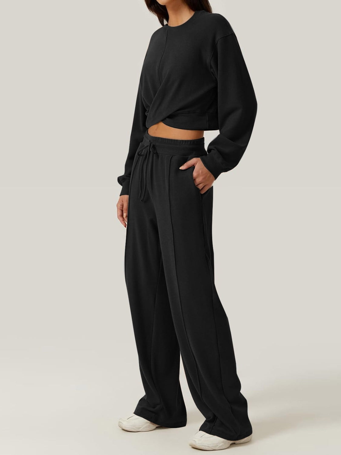 Crisscross Round Neck Top and Drawstring Pants Set - Charming Charlie
