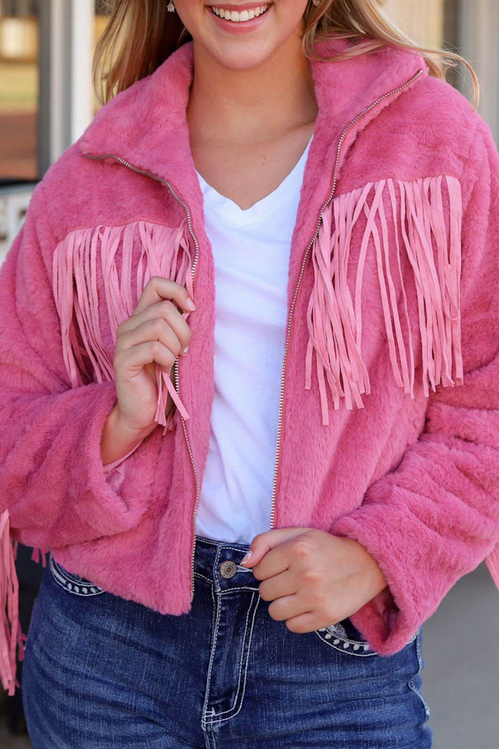 Fringed Zip Up Fleece Jacket - Charming Charlie