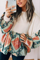 Printed Round Neck Long Sleeve Blouse - Charming Charlie