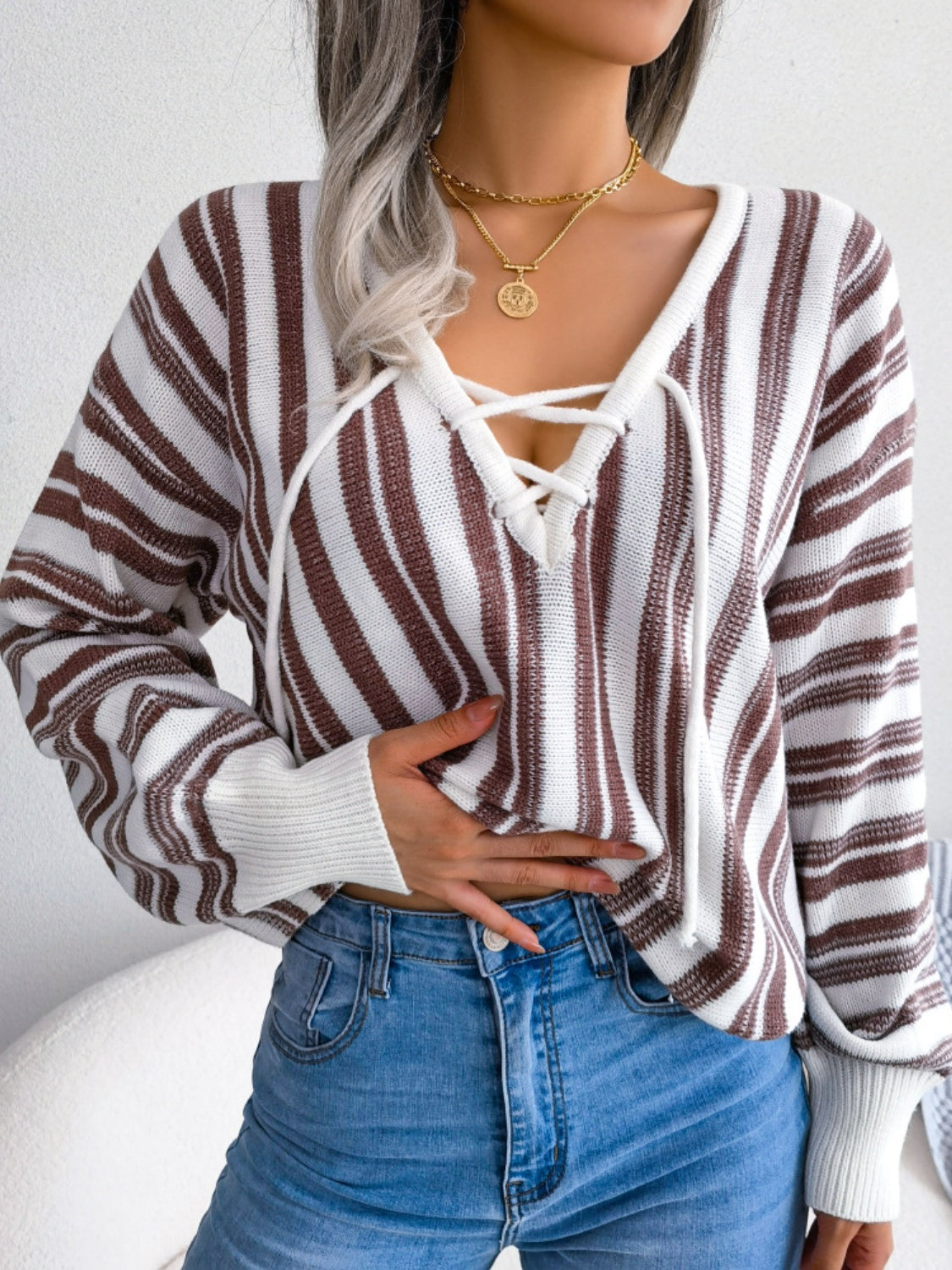 Striped Lace-Up Long Sleeve Sweater - Charming Charlie