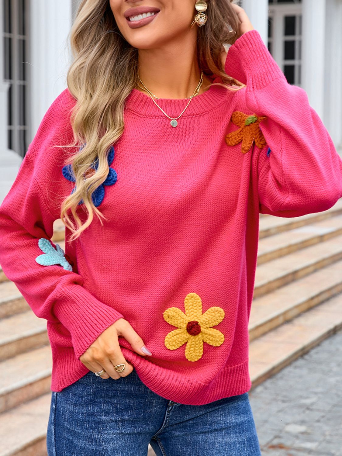 Crochet Flower Round Neck Sweater – Charming Charlie