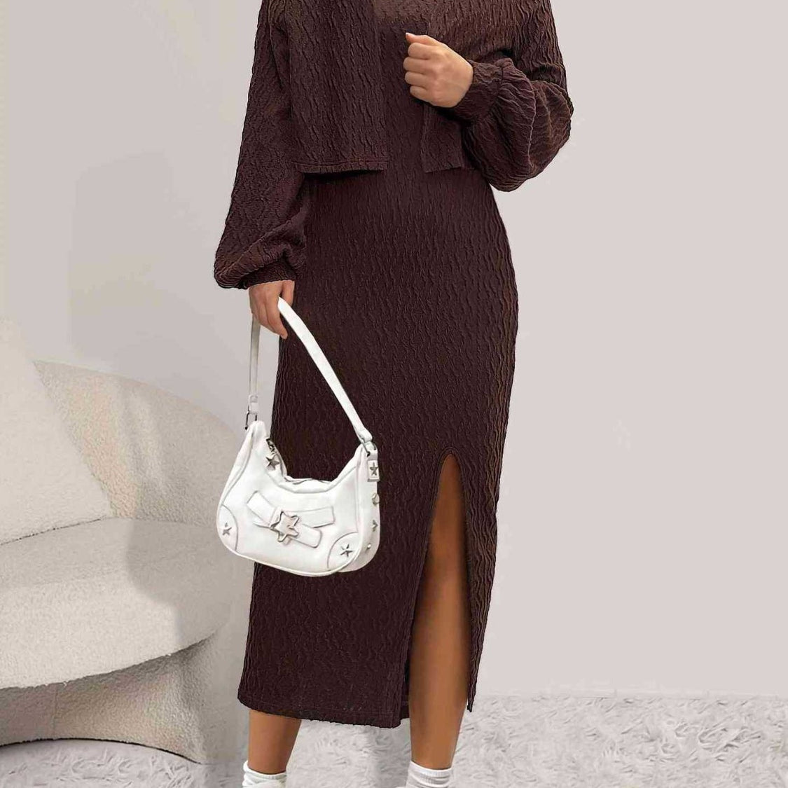 Open Front Long Sleeve Cardigan and Side Slit Cami Dress Set Brown / L