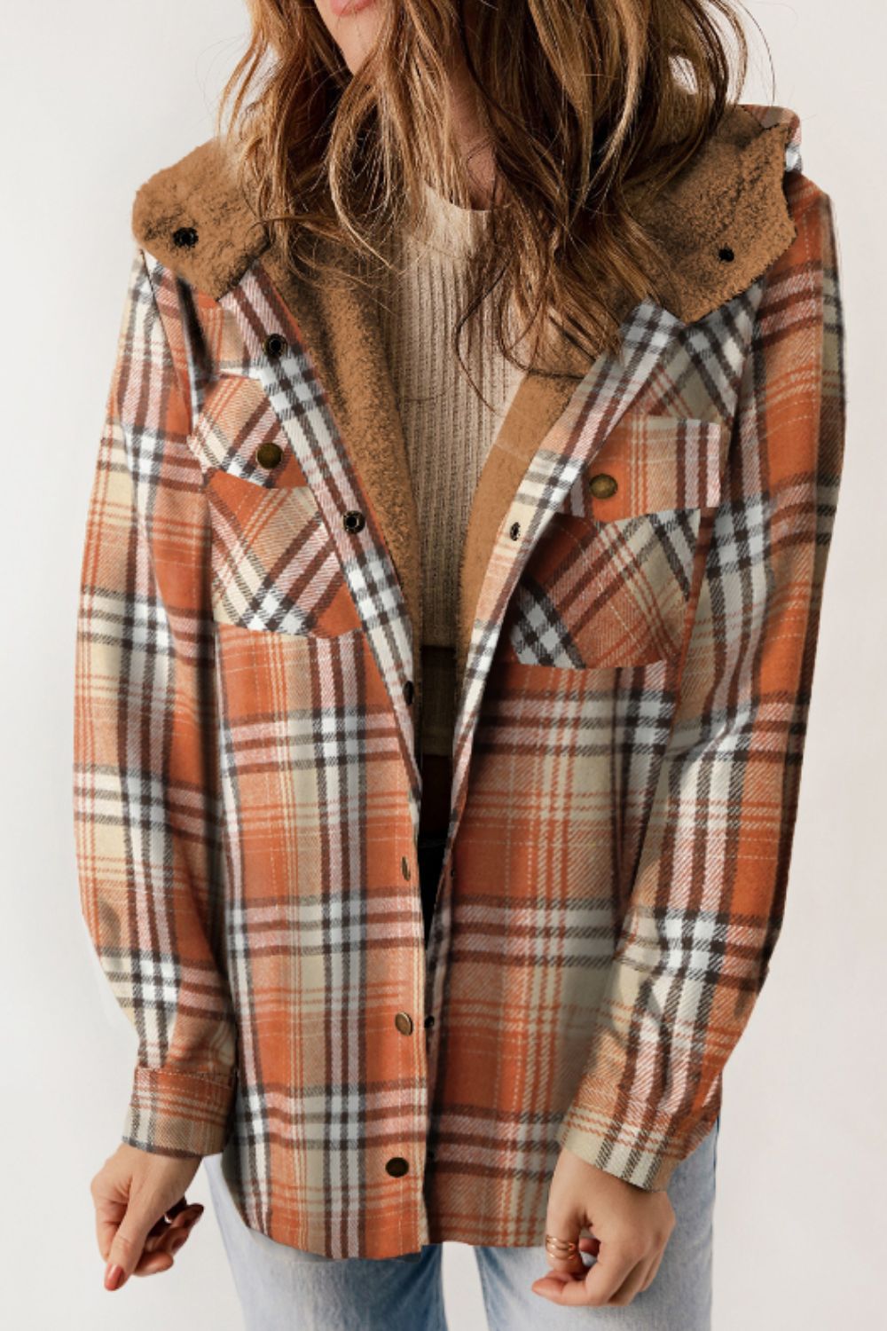 Plaid Button Up Long Sleeve Hooded Jacket - Charming Charlie