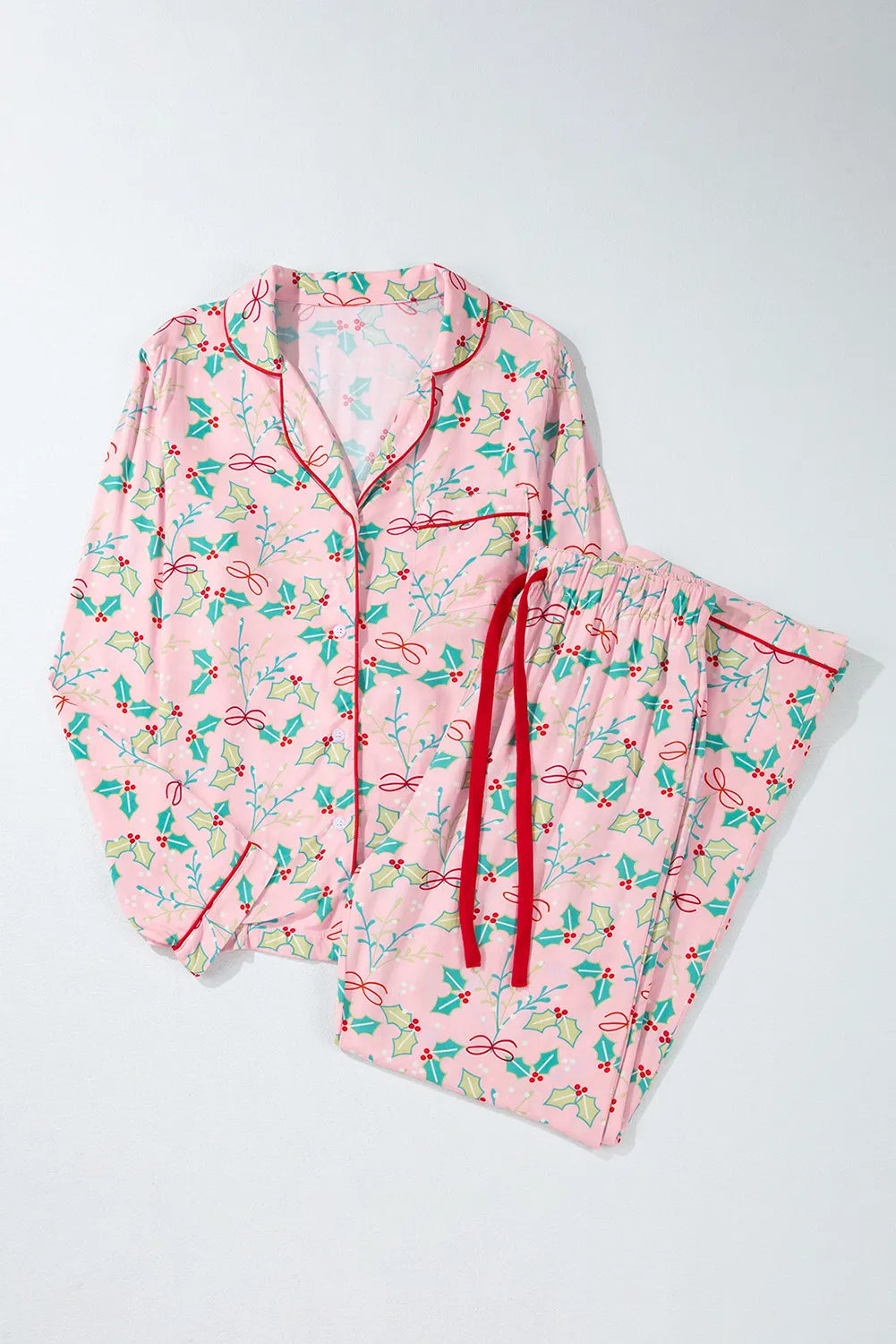 Printed Collared Neck Long Sleeve Top and Pants Lounge Set - Charming Charlie