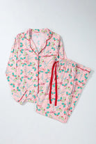 Printed Collared Neck Long Sleeve Top and Pants Lounge Set - Charming Charlie