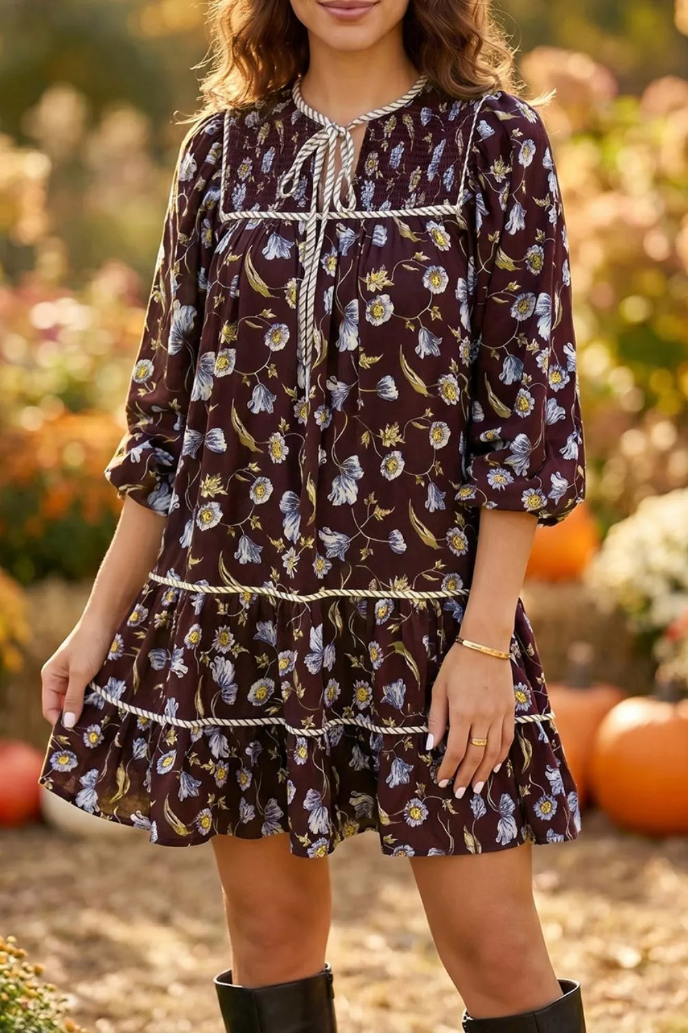 shift dresses for women Floral Print Shirred V Neck Dress Dark Brown / XL Men's Work Boots E1043W - Nox Anabel it pairs up with Pattern:Black/water dropplets