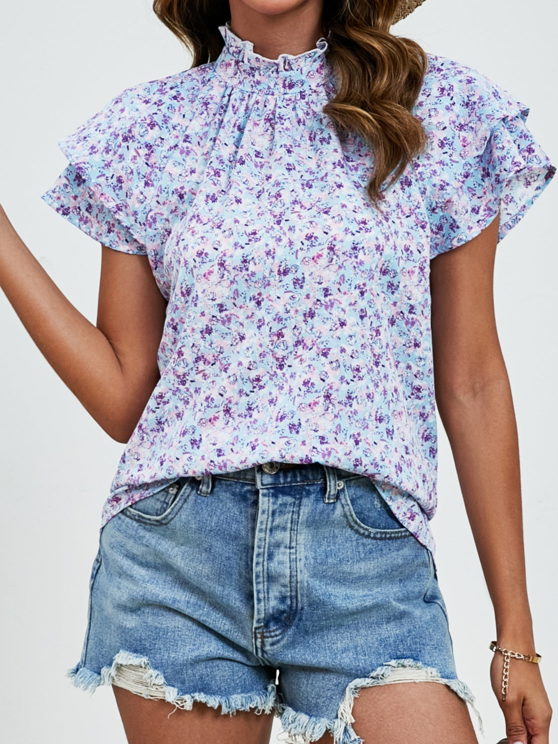 Ditsy Floral Mock Neck Flounce Sleeve Blouse - Charming Charlie