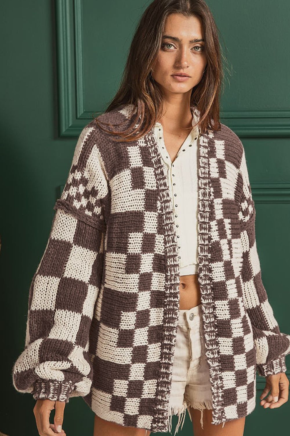 Checkered Open Front Long Sleeve Cardigan – Charming Charlie