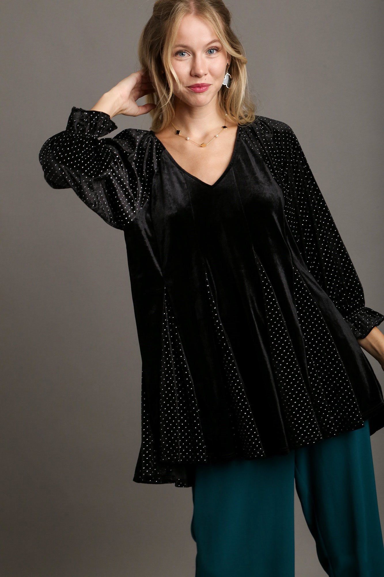 Umgee Godet Hem Polka Dot V-Neck Blouse - Charming Charlie