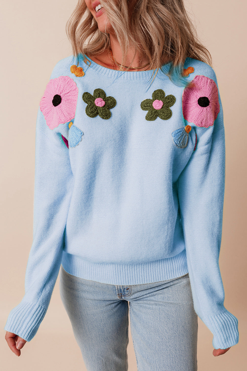 Crochet Flower Round Neck Dropped Shoulder Sweater – Charming Charlie
